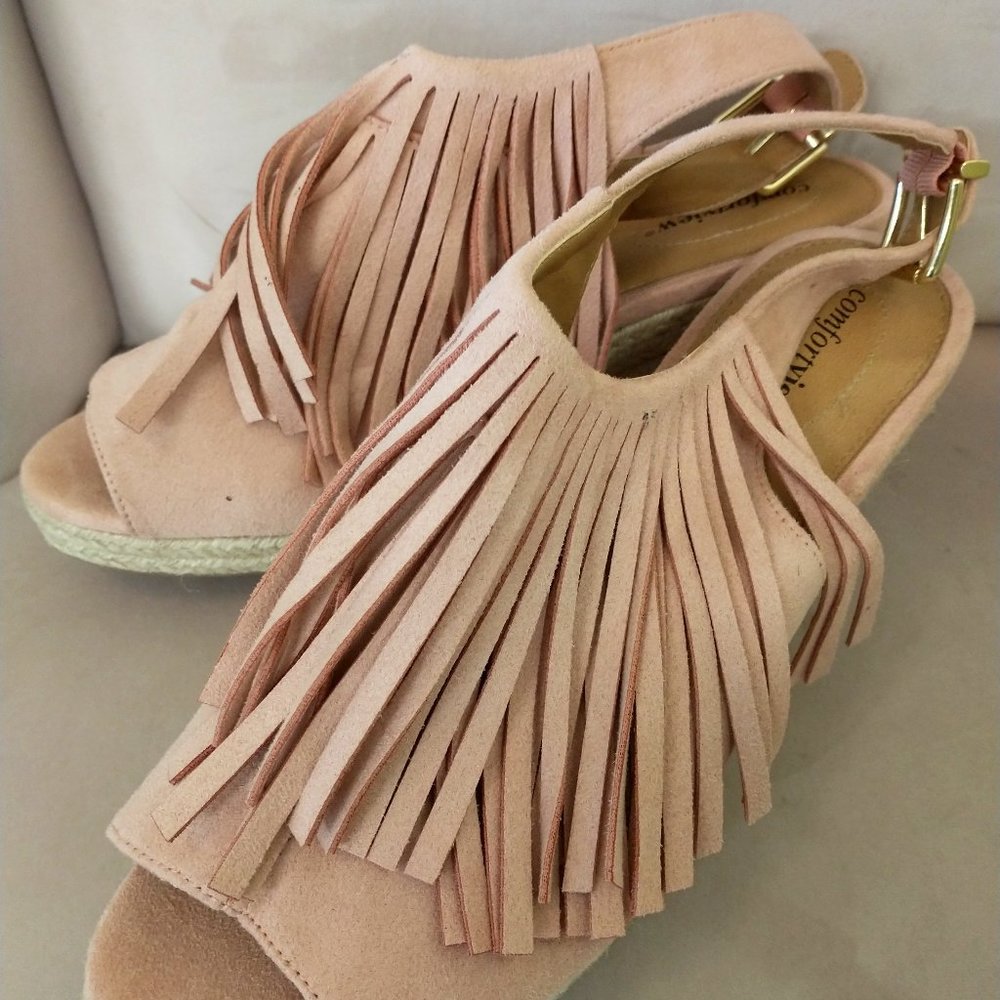 Pink Suede Fringed Wedges